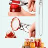 Adjustable stainless steel jar opener opening a glass jar with a secure grip