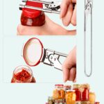 Adjustable stainless steel jar opener opening a glass jar with a secure grip