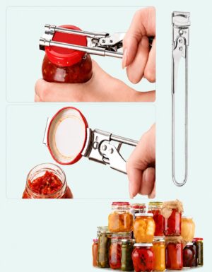 Adjustable stainless steel jar opener opening a glass jar with a secure grip